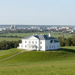 white mansion on a grass hill, plains overlooking postsoviet city in the background