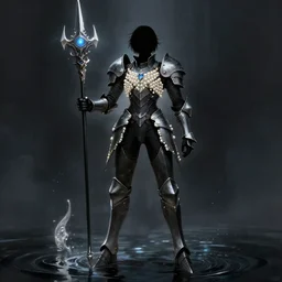dark seraphim knight in light armor wielding a magical lance, full body silhouette. dark water, cyberpunk pearl armor, futuristic fantasy, highly detailed, digital painting, trending on artstation, concept art, sharp focus, illustration, art by artgerm and nixeu and greg rutkowski and magali villeneuve.