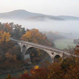 the mist in the autumn valley, the ancient magical bridge by quentin mabille