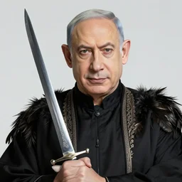 insanely detailed portrait of benjamin netanyahu, oriental clothing, feathers, holding sword, black lipstick, elegant stripe patterns background, rich colors, vibrant colors, outlines, by yoshitaka amano