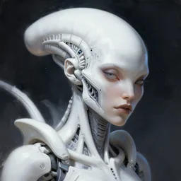 a white cast futuristic xenomorph humanoid woman portrait with prety face, futuristic digital painting, cyberpunk, 8 k,