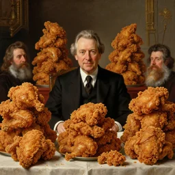 portrait of a respectable dignified royal business elite politician sitting at a finely set table covered entirely with stacks upon stacks of massive pieces of fried chicken, official fanart behance hd artstation, master painting solomon joseph solomon and richard schmid and jeremy lipking victorian genre painting portrait painting