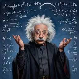 spooky painting of albert einstein dressed as a disney genie, sky full of white equations, matte painting by brian froud, shaun tan, wlo and peter mohrbacher, highly detailed, intricate,, award winning artwork, trending on artstation, high quality printing, fine art