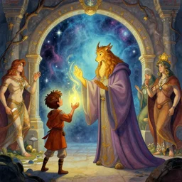 an anthropomorphic Loxodon wizard wearing long flowing robes teaches his apprentice a new magical spell in front of a magical gateway to another universe, illustration by greg rutkowski, thomas kindkade, alphonse mucha, loish, norman rockwell, artstation, furaffinity