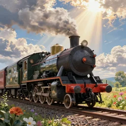 a steam train in motion with vegetation and flowers, clouds, painting, digital art, artstation, by aenami alena, sunny, god rays, by borelli da caluso