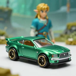 3 5 mm photo of metallic green and wood zelda car like hot wheels model with a hyrule as background, epic cinematic, epic lighting