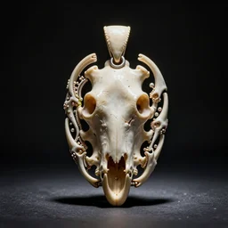 an intricate pendant made out of bones, studio photography, black background, volumetric