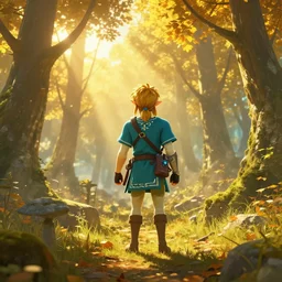 A highly detailed 4K fantasy matte painting of Link from Zelda breath of the wild in a forest during the golden hour in autumn, volumetric sun rays and dust, Thomas Kinkade, ArtStation, CGSociety, Unreal Engine