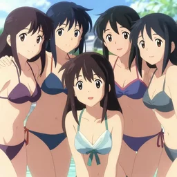 close - up princesses posing together in bikini. by takashi takeuchi, yoshiyuki sadamoto, makoto shinkai, krenz cushart, asao urata, pixiv