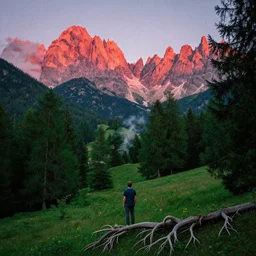 1 9 2 0 s color spirit photography 9 1 1 1 2 1 of alpine red sunrise in the dolomites, small man watching, green lush forest, smoke from mountains, roots, by william hope, beautiful, dreamy, grainy