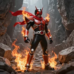Demonic Kamen Rider with a red scarf made of fire billowing behind him and skull gauntlets standing in a rock quarry, full body single character, League of Legends Character Splash Art, high quality, 4k, concept art, illustration, rubber suit, Arcane style