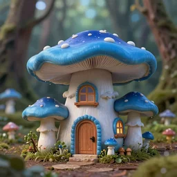 5 5 mm macro photo of a house made of a large thick magical blue amanita muscaria mushroom, with a door and windows, in a magical forest. dof. bokeh. by artgerm and luis royo. highly detailed 8 k. intricate. lifelike. realistic sony a 7 r iv. soft light. cinematic processing