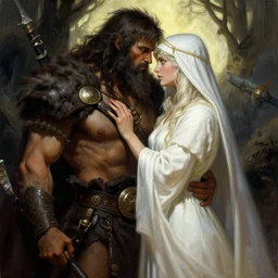 Cover for an adult novel about the romance between a Barbarian and a Priestess, High Dark Fantasy, Love, Romance, alluring, by Frank Franzetta