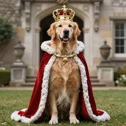Photomanipulation of golden retriver is dressed as a king, Royal standing, ultrarealism, photorealism, detailed, crown and gown