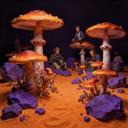 a solarpunk mushroom garden by simon stalenhag and hubert robert and zacharias aagaard and gillis rombouts and samuel beal, hyperrealism!, orange sand, purple rocks, chiaroscuro!!!!, tonalism!, desaturation, high contrast, vibrant!, highly detailed, volumetric light
