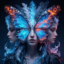 3 d goddess butterfly face portrait, sigma 5 0 0 mm f 4, beautiful intricate highly detailed quetzalcoatl feathers. bioluminescent, plasma, lava, ice, water, wind, artwork by tooth wu and wlop and beeple and greg rutkowski, 8 k trending on artstation, volumetric lighting, volumetric shadows