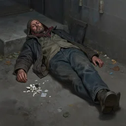 a depressing digital painting of a homeless drug addict lying on the ground in an Ally, highly detailed digital art