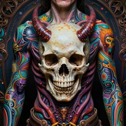 hyper detailed masterpiece satan's skull evil tattoo warrior by donato giancola and tom bagshaw, face by artgerm and edmund leighton, and h. r. giger, trending on artstation, colorful, psychedelic aesthetic, ornate, background by james jean, 8 k, biomechanical, majestic, volumetric lighting, porcelain skin, concept art, sharp focus