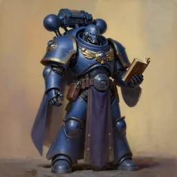 painting of a cloaked tech priest holding a book, adeptus mechanicus!!!!, cybernetic enhancements attached to his body, zdzislaw beksinski, lewis jones, dariusz zawadzki, wayne barlow, warhammer 4 0 k!, cold hue's, warm tone gradient background, concept art, digital painting