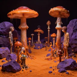 a slimy oozy mushroom garden by simon stalenhag and zacharias aagaard and gillis rombouts and greg rutkowski and beeple and anton fadeev, hyperrealism!, orange sand, purple rocks, chiaroscuro!!!!, tonalism!, desaturation, high contrast, vibrant!, highly detailed, volumetric lighting