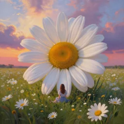 giant daisies flower as head, girl sitting in a flower field, surreal photography, sunrise, dramatic light, impressionist painting, colorful clouds, digital painting, artstation, simon stalenhag