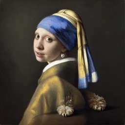 painting of a mini goldendoodle puppy, posed in the style of johannes vermeer girl with a pearl earring painting, hyperrealistic, ambient lighting, soft shadows