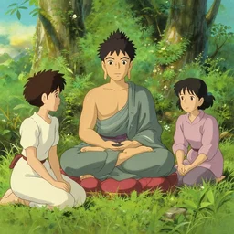 buddhism, summer, in the style of studio ghibli, j. c. leyendecker, greg rutkowski, artem