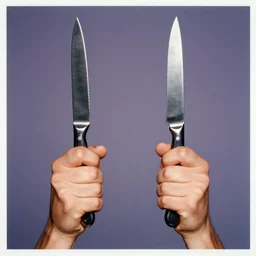 extremely detailed studio photograph of hands : holding up : knives. surreal photograph, lo - fi, polished look, solid background, silly and serious, hermes ad, fashion photography, toiletpaper magazine by pierpaolo ferrari and maurizio cattelan, 3 5 mm photograph, colourful, david lachapelle, canon eos c 3 0 0, 8 k, medium - format print