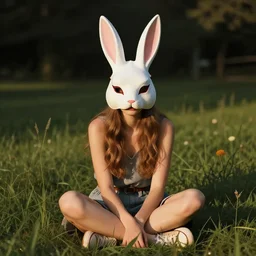 a person sitting in the grass with a bunny mask on by abercrombie gertrude