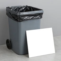 high quality photograph of a garbage bin that is grey with a black trash bag in it with an empty white square sign laying in front of it