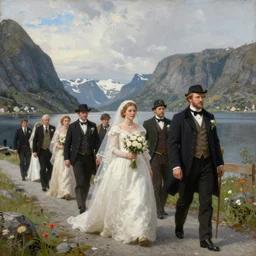 the bridal procession on the hardangerfjord by hans gude, adolph tidemand