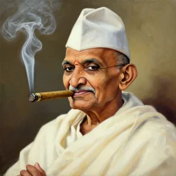 painting of mahatma gandhi smoking cigar, wearing an english hat in anime style