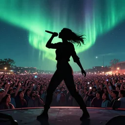 woman rapping into microphone, silhouette, huge crowd, outrun, hip hop, digital art, Aurora borealis, trending on Artstation, professional artist, detailed, 4k