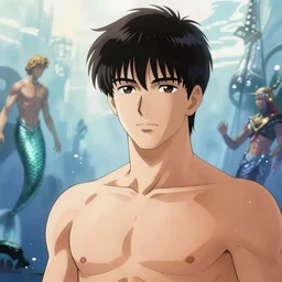 young bishonen male! merman warrior! sci - fi! moebius, milo manara, hugo pratt, french comic art, semi - realistic anime, portrait, beautiful face, symmetrical face, trending on pixiv, detailed, clean lines, sharp lines, crisp lines, award winning illustration, masterpiece, 4 k