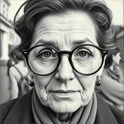 cinematic mid shot of a high detail, vivian dorothy maier, with round glasses. where's wally, line drawing by van gogh