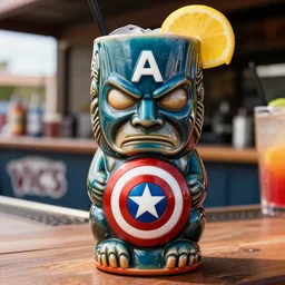 a closeup photorealistic photograph of a glossy captain america style tiki mug sitting at an outdoor trader vic's bar featuring captain america's face and shield. tiki theme. colorful drink. bright scene. fine detail. this 4 k hd image is trending on artstation, featured on behance, well - rendered, extra crisp, features intricate detail, epic composition and the style of unreal engine.