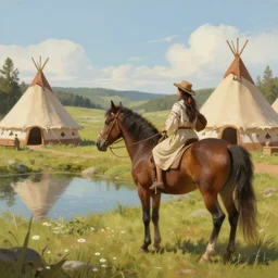 a beautiful matte painting of a woman leads a horse to a nearby pond in a native american tents around, a beautiful artstation, by greg rutkowski