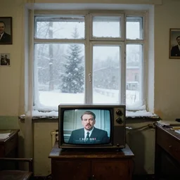 small apartment in moscow of soviet times, in the center of the frame is an old tube tv on which stalin's speech is turned on, a snowstorm outside the window, photos