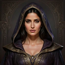 head-on centered symmetrical painted portrait, Katrina Kaif as a D&D Storm Sorcerer, hood, intricate fantasy robes, fantasy, intricate, elegant, highly detailed, digital painting, smooth, sharp focus, illustration, dramatic lighting, artstation, in the style of Artgerm and Anna Podedworna and Alex Ross