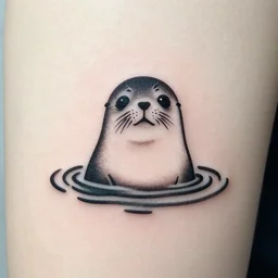 tattoo design, stencil, a cute seal with big eyes poking it's face up out of water, water ripples, minimalism
