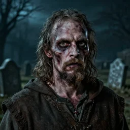 head and shoulders photo portrait of a male medieval villager zombie in a nighttime medieval graveyard, d & d