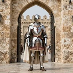 man in decorated 15 century crusader armor, helmet and white cape with cross on it standing at the gates of jerusaoemdrawn by greg rutkowski realistic high detail