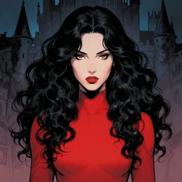 artgerm, joshua middleton comic cover art, joanne calderwood, red dress, symmetrical eyes, symmetrical face, long curly black hair, dark castle background background, cinematic lighting