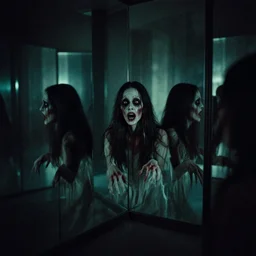 hall of mirrors, surreal, horror, atmospheric, evil, nightmare, film grain