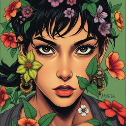 risograph grainy painting of running man anime - like hero girl protagonist face, dull colors, with huge earrings, face covered with plants and flowers, by moebius and dirk dzimirsky and satisho kon, latex, close - up wide portrait, hyperrealistic
