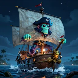 a monstrous ghost ship with LeChuck, the captain of ghost pirates, approaching Monkey Island in the Caribbean at night, an award-winning high-quality digital art