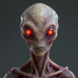 portrait of a space alien, varying detailed skin, meat monstrosity, radioactive eyes, eyes containing a piercing red and yellow light, realistic render, detailed, slimy unreal engine, symmetrical!!, photorealistic, greg rutkowski and ruan jia, octane render,