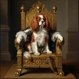 a cavalier king charles sitting on a medieval throne in the style of rococo, renaissance painting