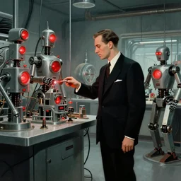 man in futurist 6 0 ´ s lab, machines and futurist robots, red lights, leyendecker style, black suit