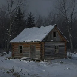 realism painting of a log cabin in the woods, night, winter, soft lighting, dreary, abandoned, highly detailed